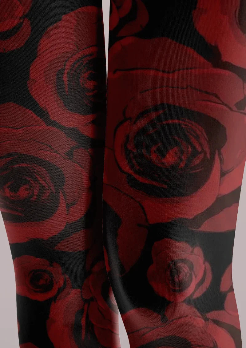 Viken Plan Black Red Floral Print Tights Hosiery Pantyhose