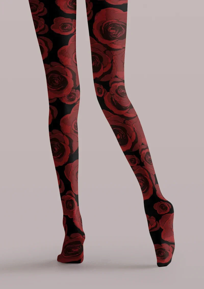 Viken Plan Black Red Floral Print Tights Hosiery Pantyhose