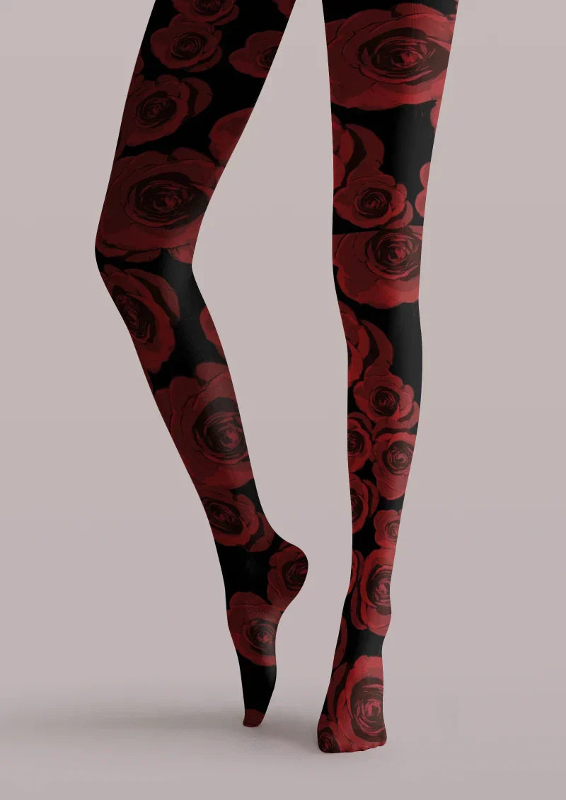 Viken Plan Black Red Floral Print Tights Hosiery Pantyhose
