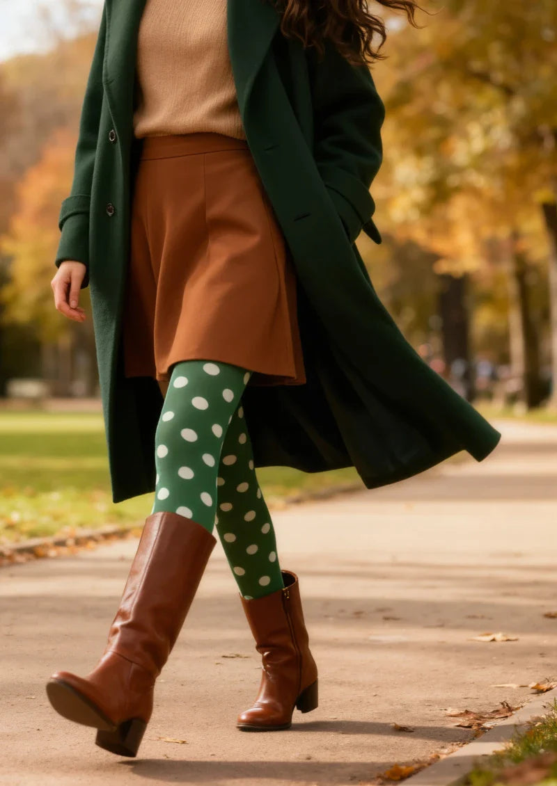 Viken Plan Green White Polka Dot Tights Hosiery Pantyhose
