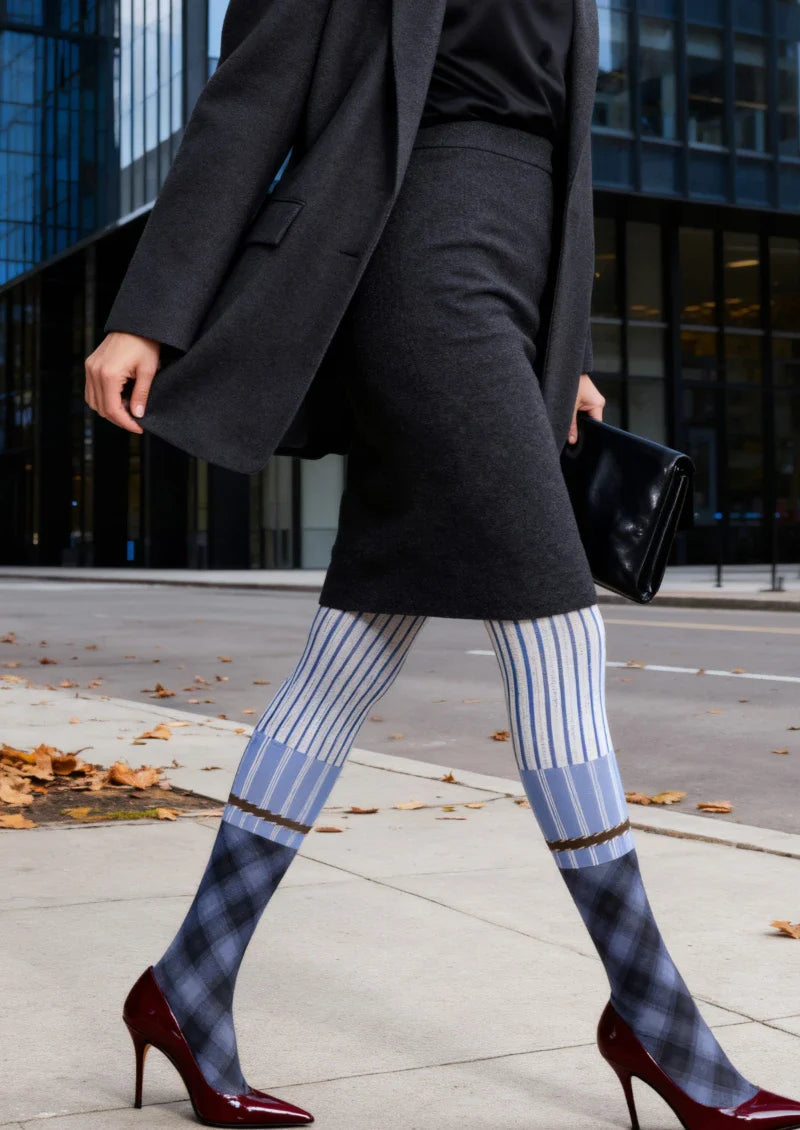 Viken Plan Blue Pinstripe Two-Tone Tights Hosiery Pantyhose