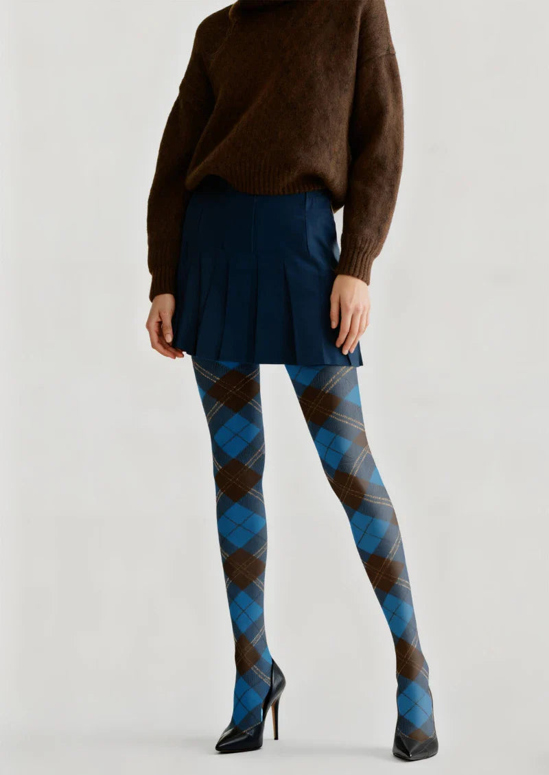 Viken Plan Blue & Brown Argyle Tights Hosiery Pantyhose