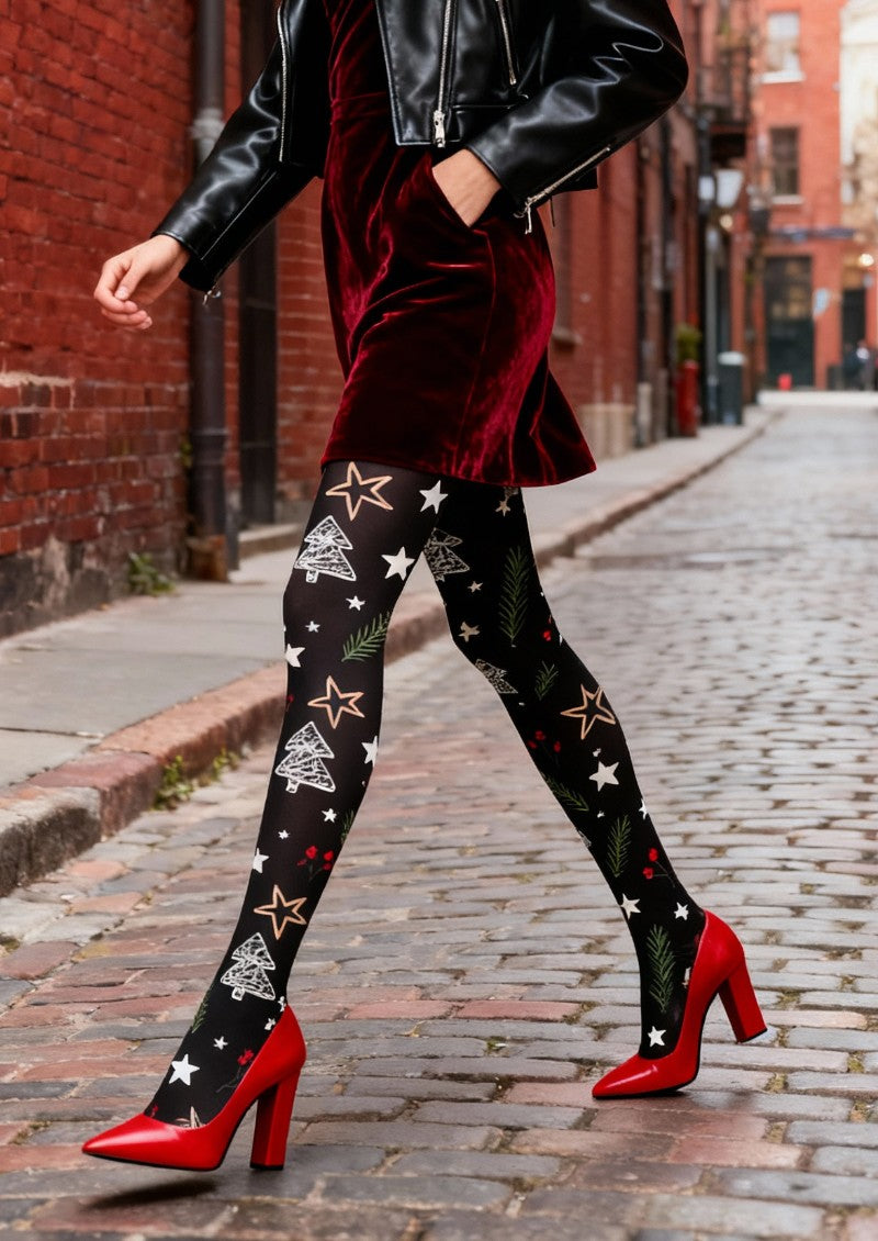Viken Plan Christmas Star Tree Graphic Tights Hosiery Pantyhose