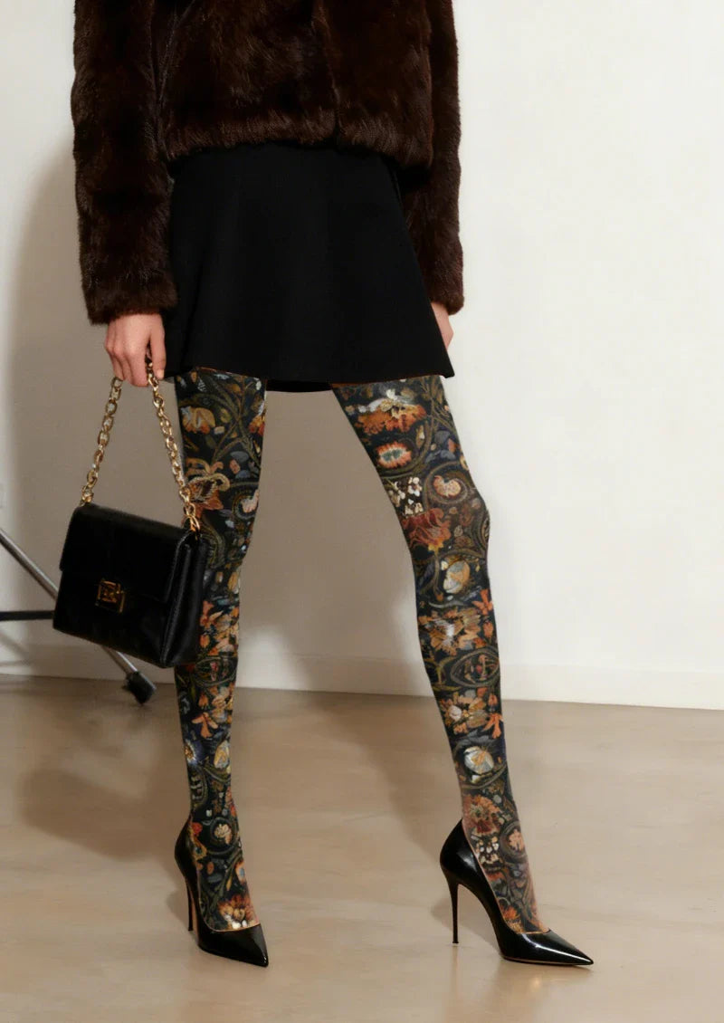Viken Plan Boho Ethnic Floral Blue Tights Hosiery Pantyhose