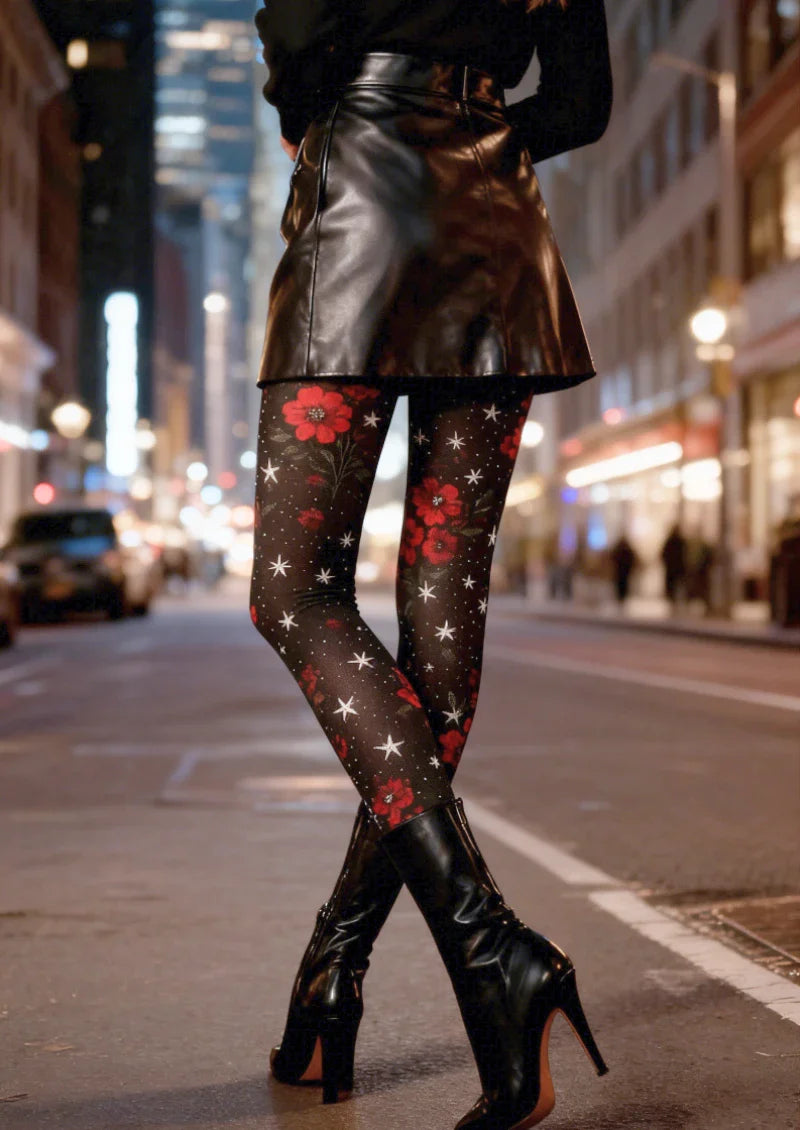 Viken Plan Gothic Rose Dark Floral Tights Hosiery Pantyhose