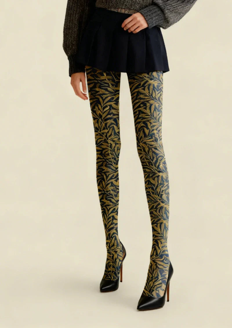 Viken Plan Golden Botanical Pattern Tights Hosiery Pantyhose