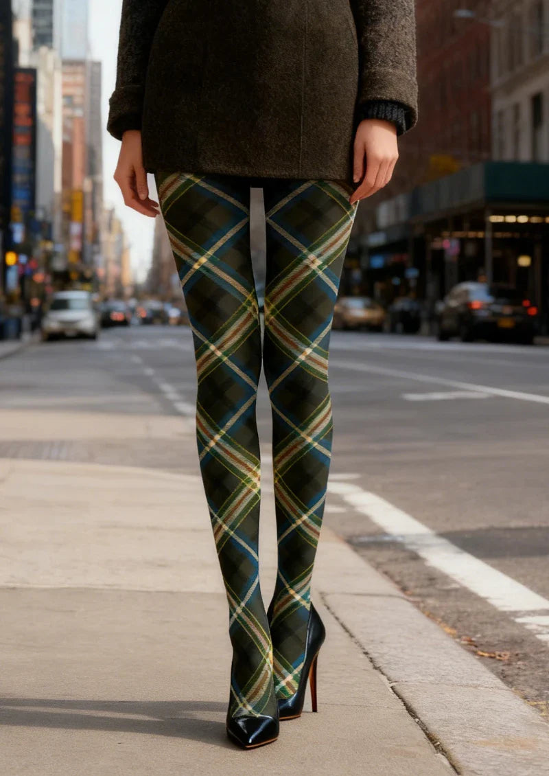 Viken Plan Green Blue Tartan Plaid Tights Hosiery Pantyhose