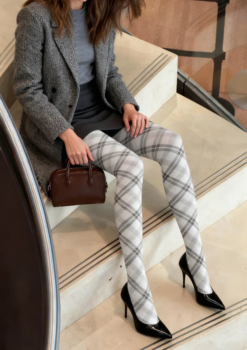Viken Plan Gray Plaid Tights Hosiery Pantyhose