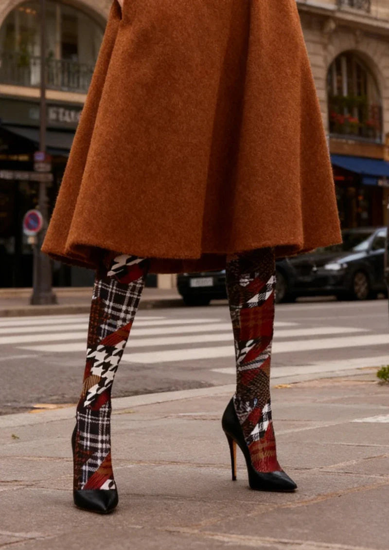 Viken Plan Brown Houndstooth Plaid Mix Tights Hosiery Pantyhose