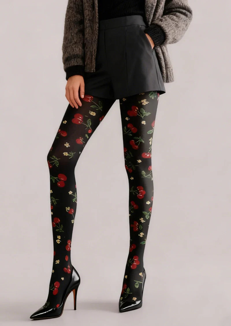 Viken Plan Black Red Rose Tights Hosiery Pantyhose