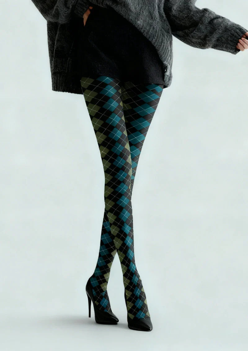 Viken Plan Blue Green Argyle Gradient Tights Hosiery Pantyhose