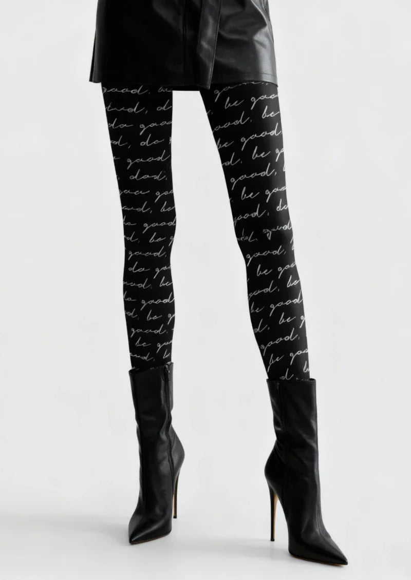 Viken Plan Black Script Letter Tights Hosiery Pantyhose