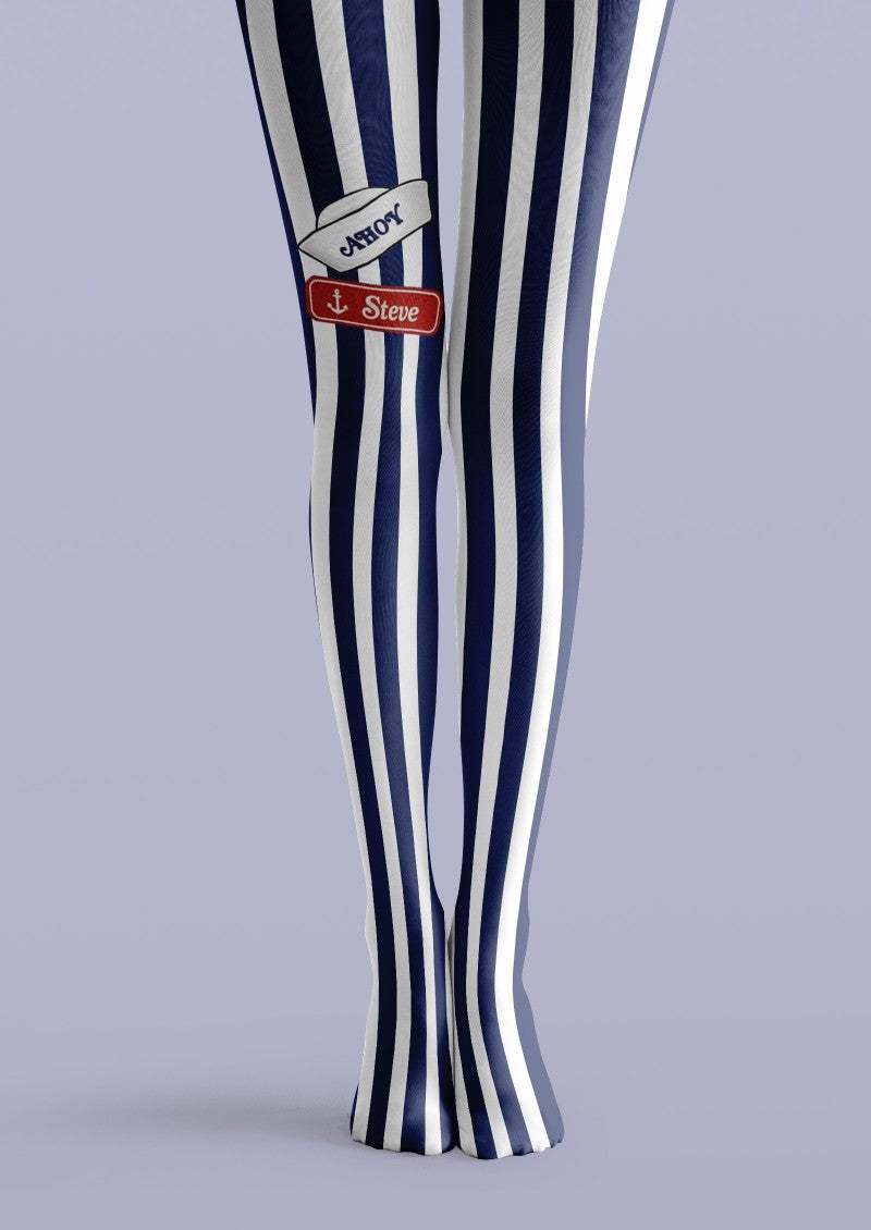Viken Plan Navy White Vertical Striped Tights Hosiery Pantyhose