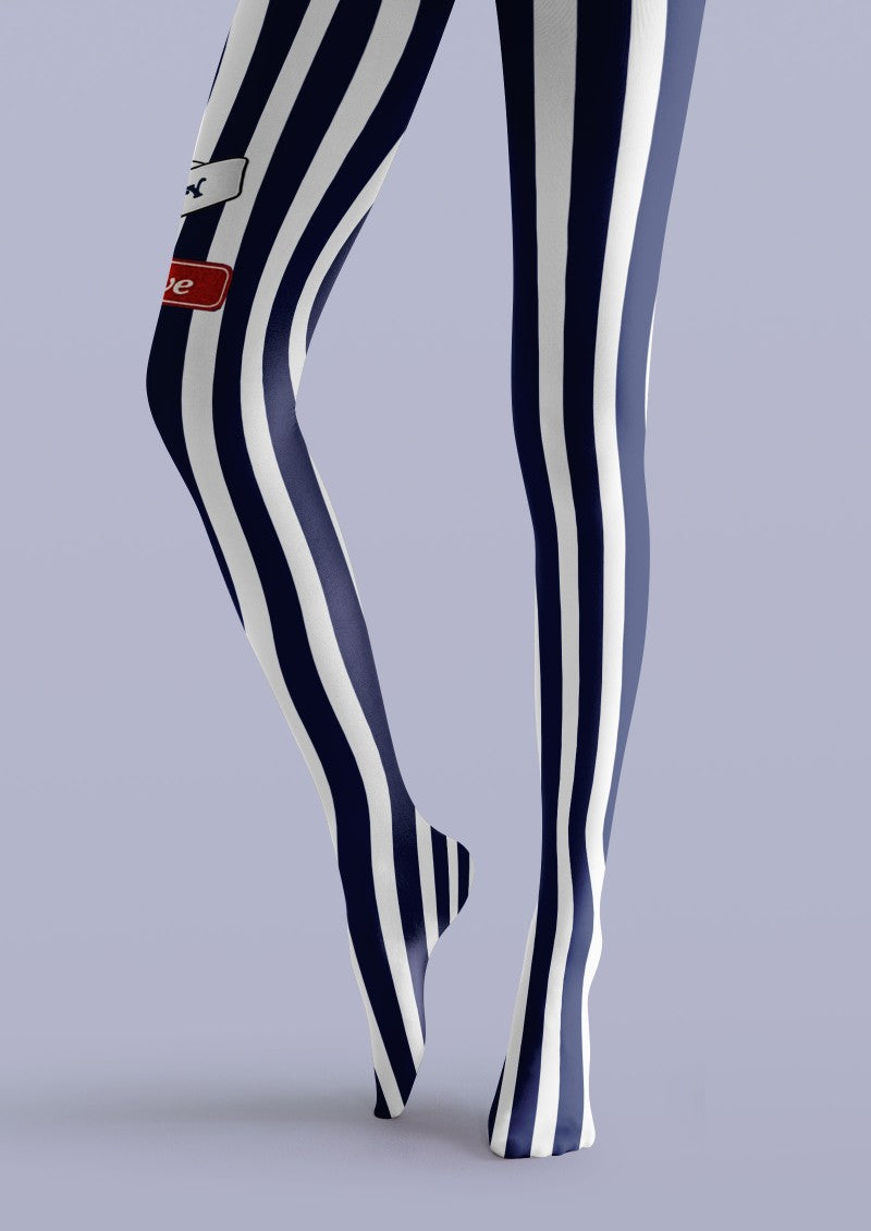 Viken Plan Navy White Vertical Striped Tights Hosiery Pantyhose