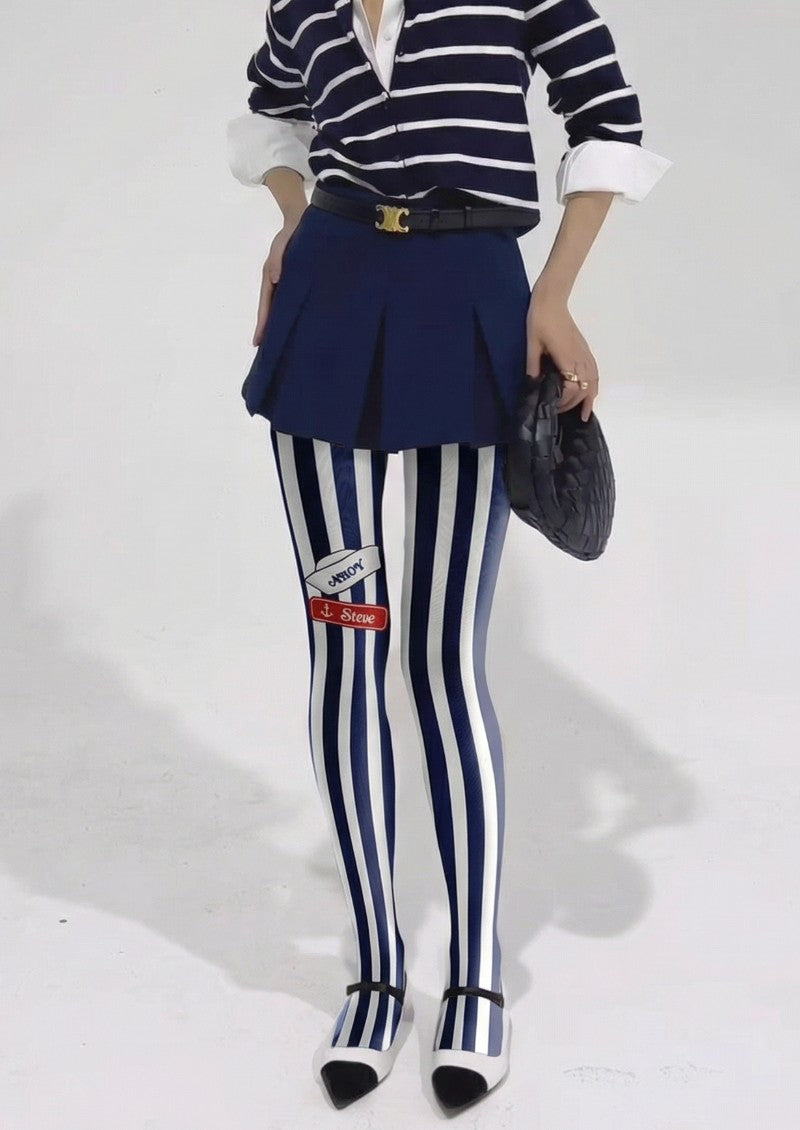 Viken Plan Navy White Vertical Striped Tights Hosiery Pantyhose