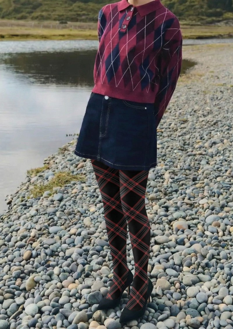 Viken Plan Black Red Plaid Tights Hosiery Pantyhose