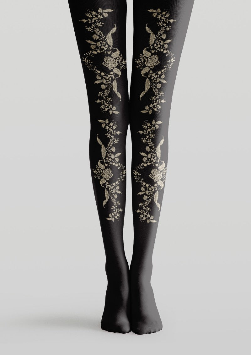Viken Plan Black Floral Print Tights Hosiery Pantyhose