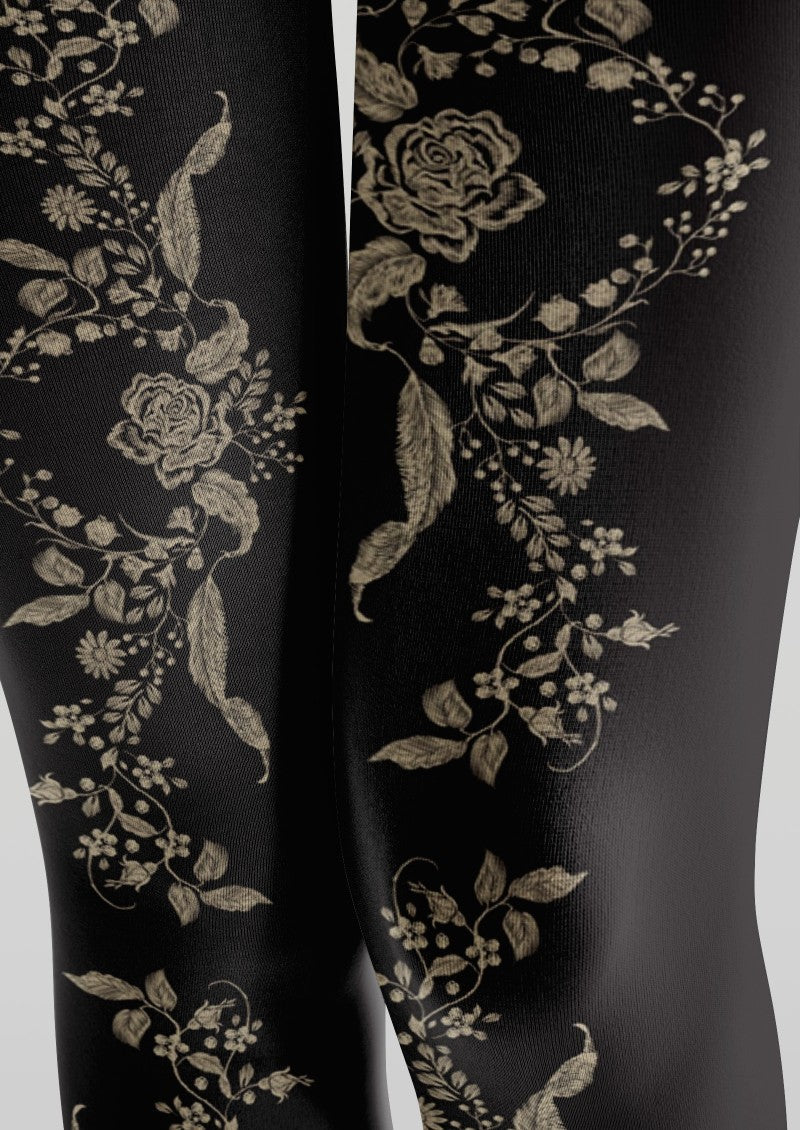Viken Plan Black Floral Print Tights Hosiery Pantyhose