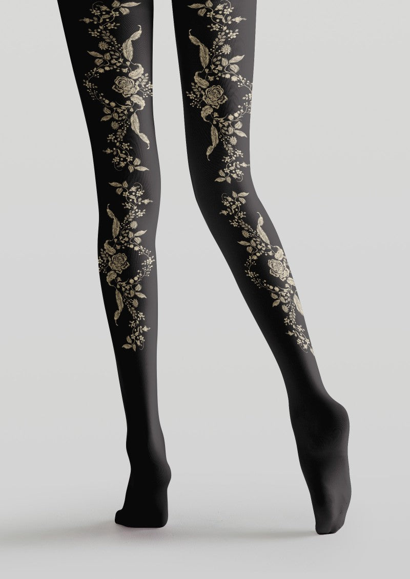 Viken Plan Black Floral Print Tights Hosiery Pantyhose