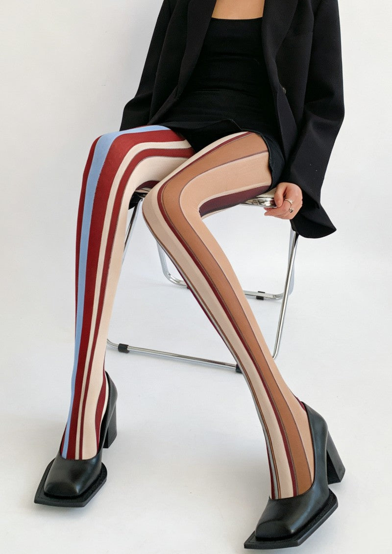 Viken Plan Brown Red Stripe Tights Hosiery Pantyhose