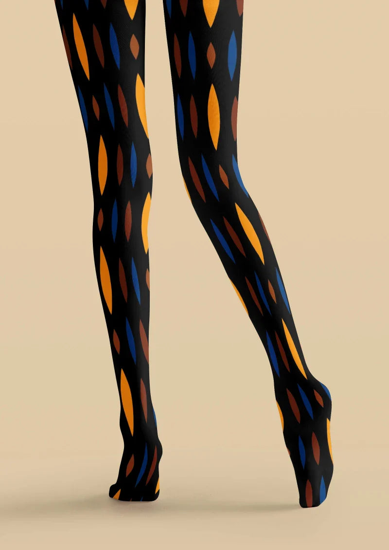 Viken Plan Black Orange Geometric Tights Hosiery Pantyhose