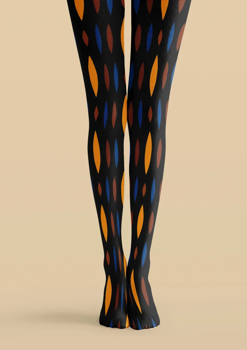 Viken Plan Black Orange Geometric Tights Hosiery Pantyhose