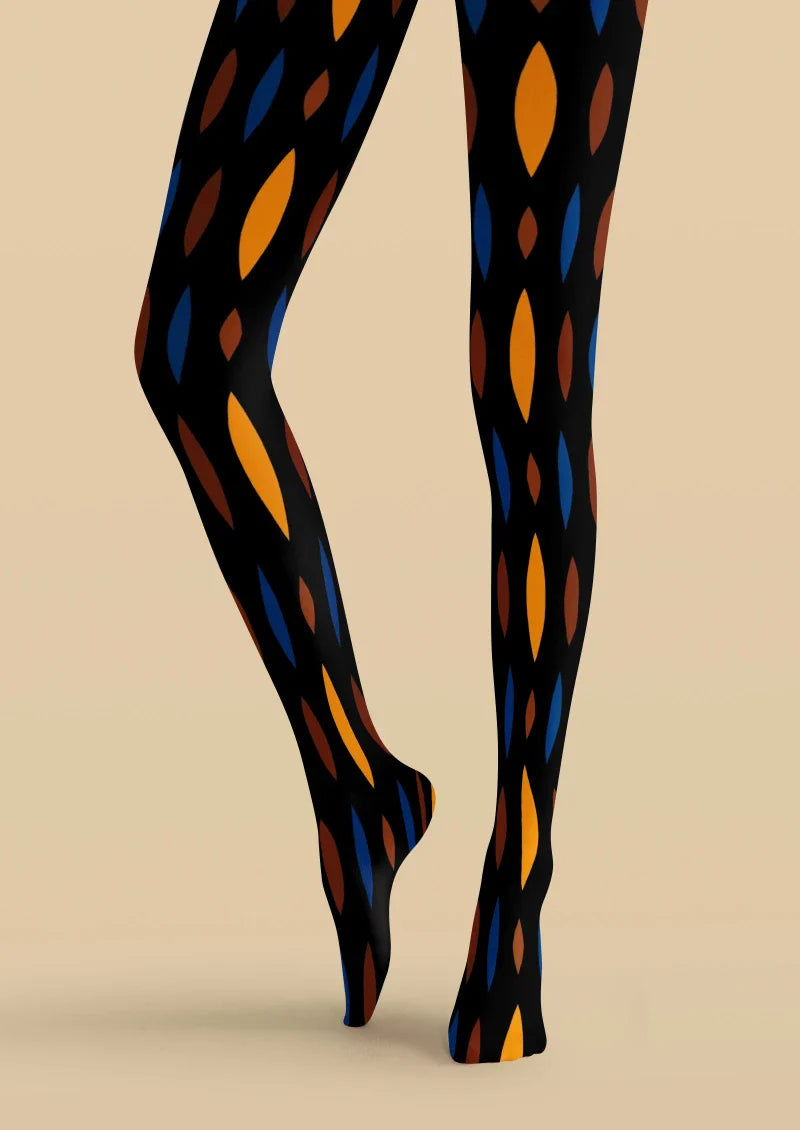 Viken Plan Black Orange Geometric Tights Hosiery Pantyhose