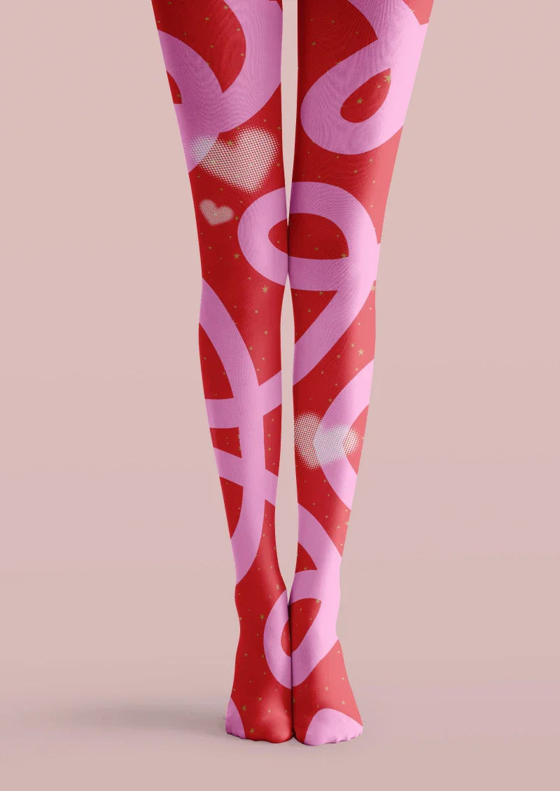 Viken Plan Valentine's Day Pink Heart Line Graphic Tights Hosiery Pantyhose