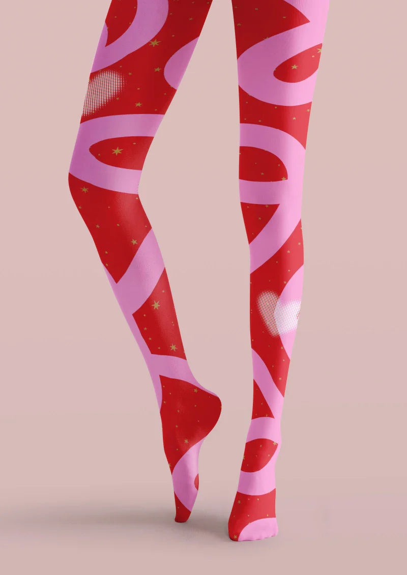 Viken Plan Valentine's Day Pink Heart Line Graphic Tights Hosiery Pantyhose