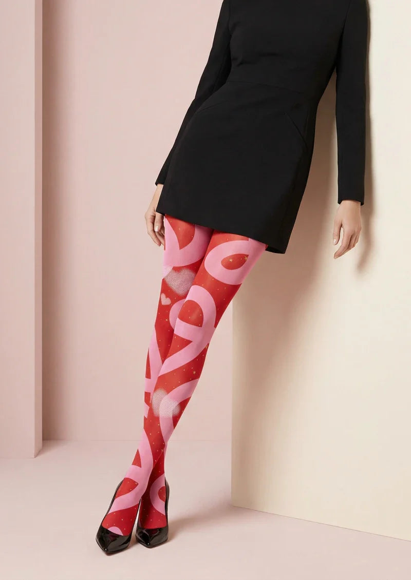 Viken Plan Valentine's Day Pink Heart Line Graphic Tights Hosiery Pantyhose