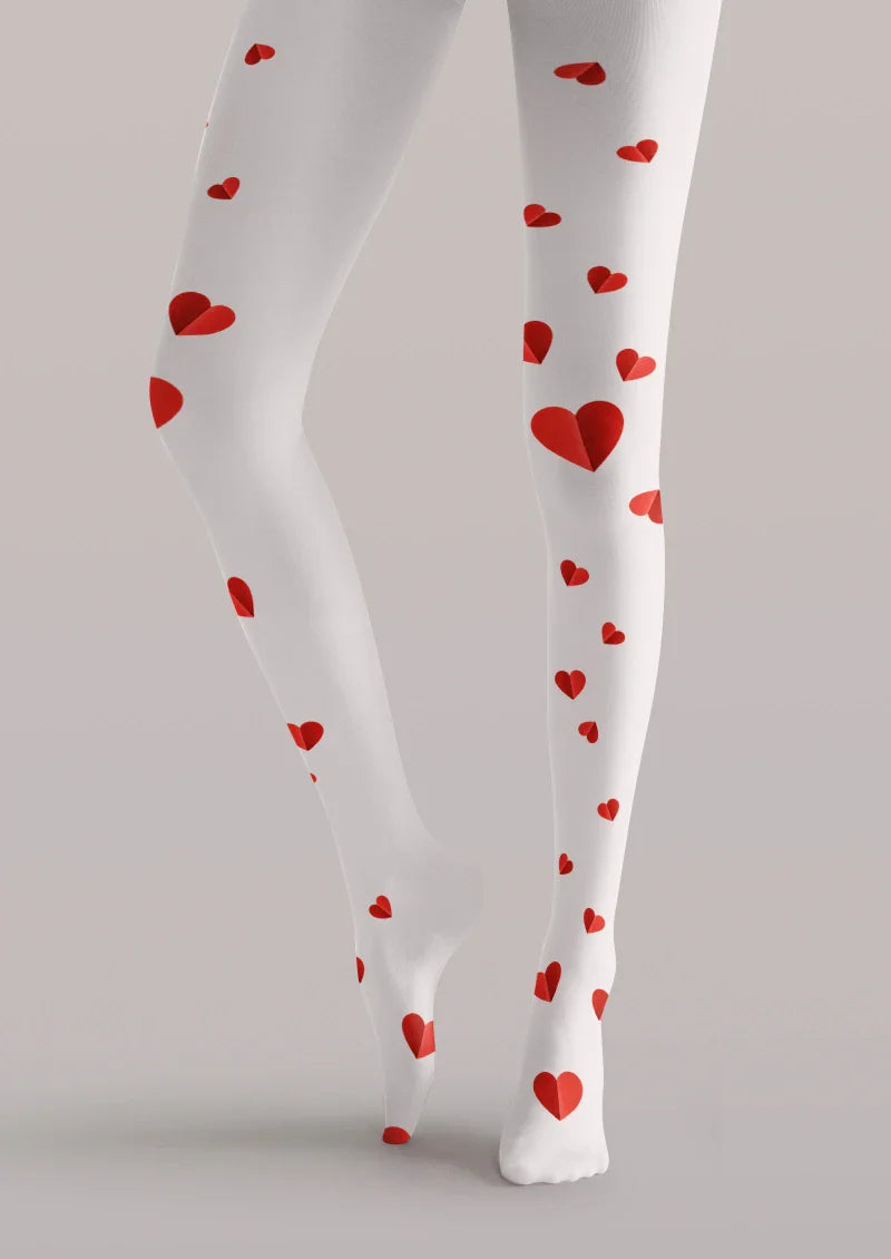 Viken Plan Valentine's Day White Red Heart Graphic Tights Hosiery Pantyhose