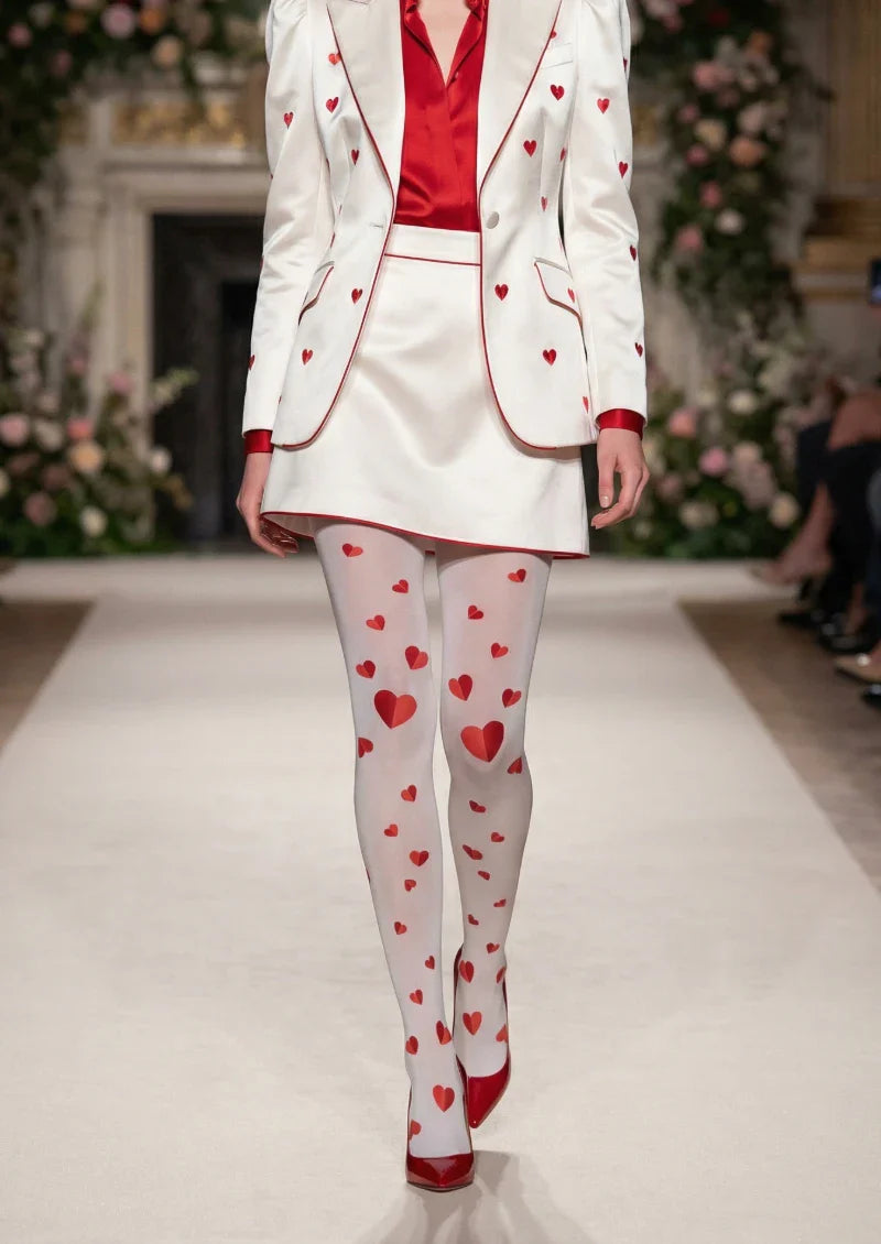 Viken Plan Valentine's Day White Red Heart Graphic Tights Hosiery Pantyhose
