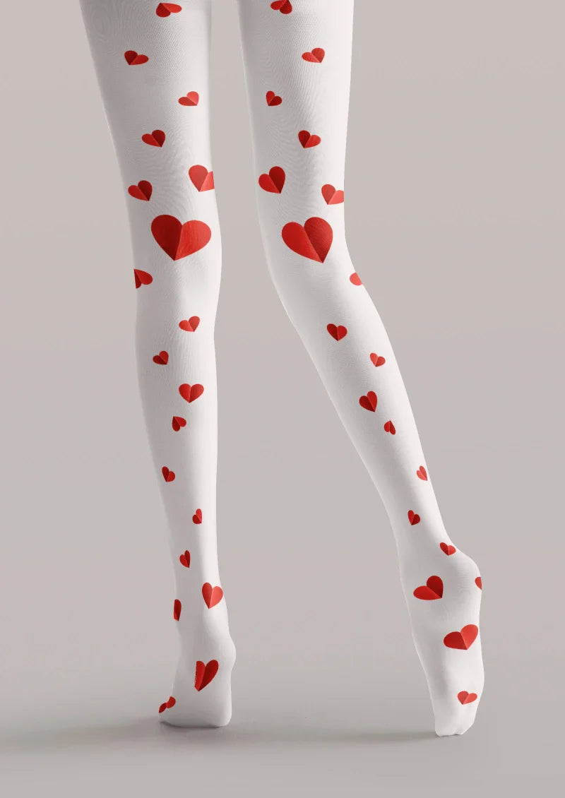 Viken Plan Valentine's Day White Red Heart Graphic Tights Hosiery Pantyhose