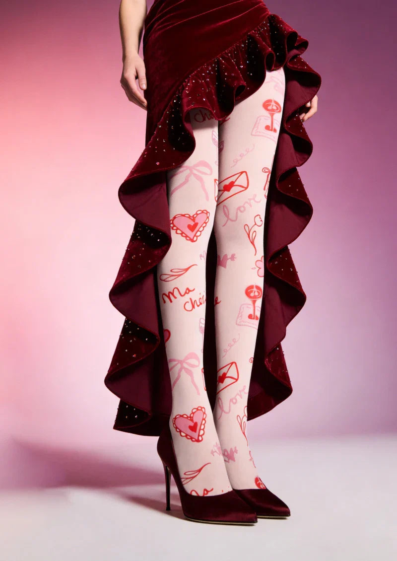 Viken Plan Valentine's Day Red Heart Text Graphic Tights Hosiery Pantyhose