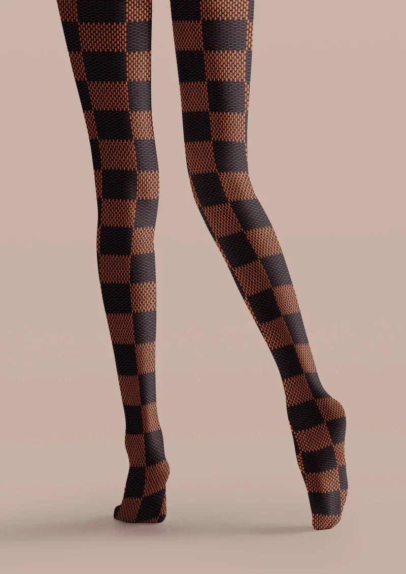 Viken Plan Brown Black Check Tights Hosiery Pantyhose