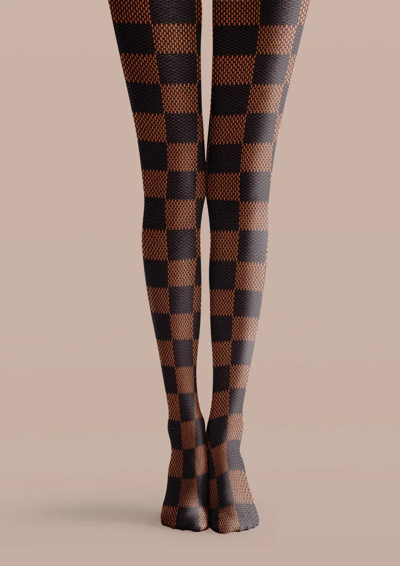 Viken Plan Brown Black Check Tights Hosiery Pantyhose