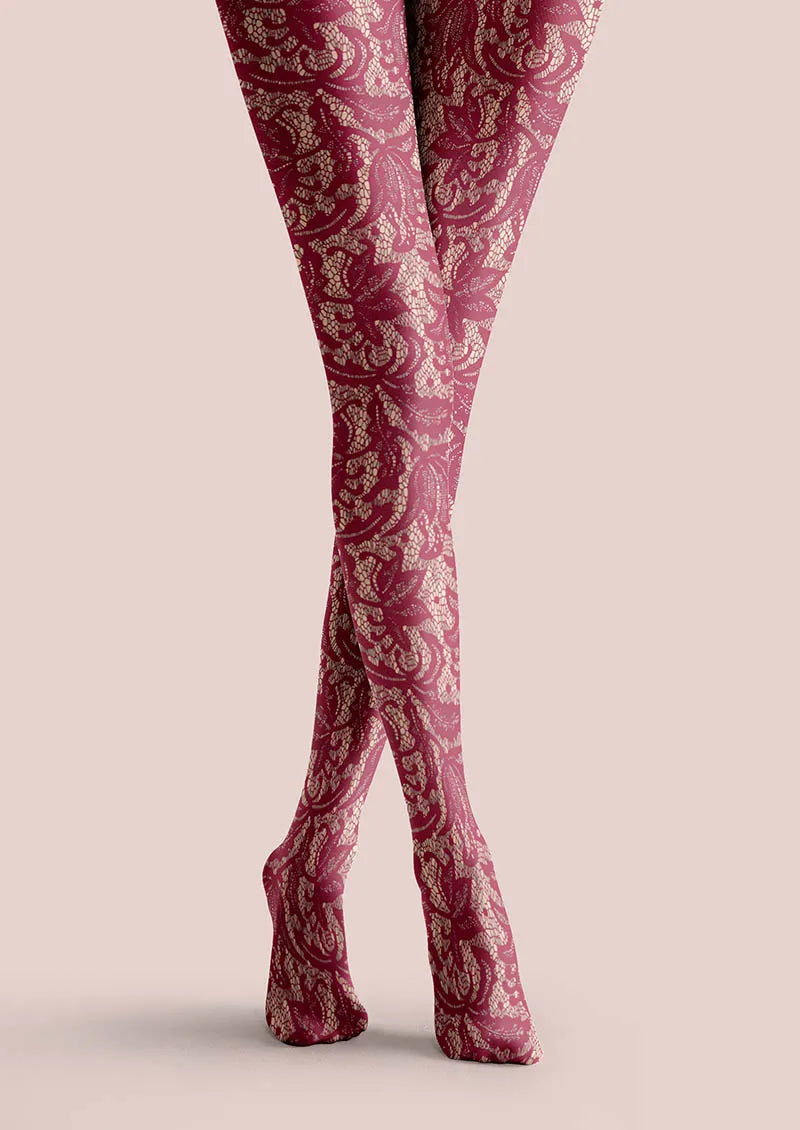 Viken Plan Lace Print Rose Grid Tights Hosiery Pantyhose
