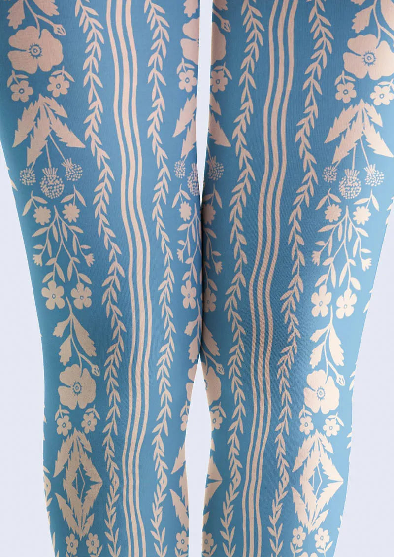 Viken Plan Floral pattern Blue Filigree Tights Hosiery Pantyhose
