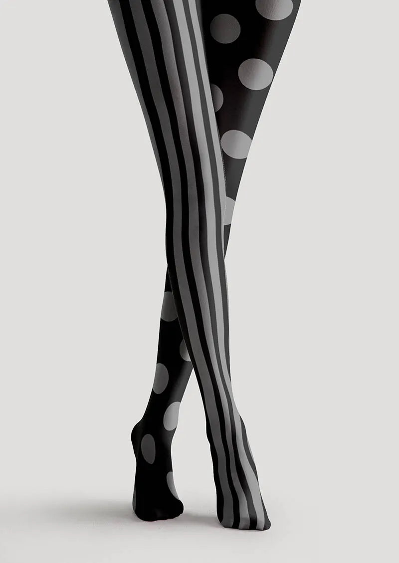 Viken Plan Black-Grey Stripe Dot Tights Hosiery Pantyhose