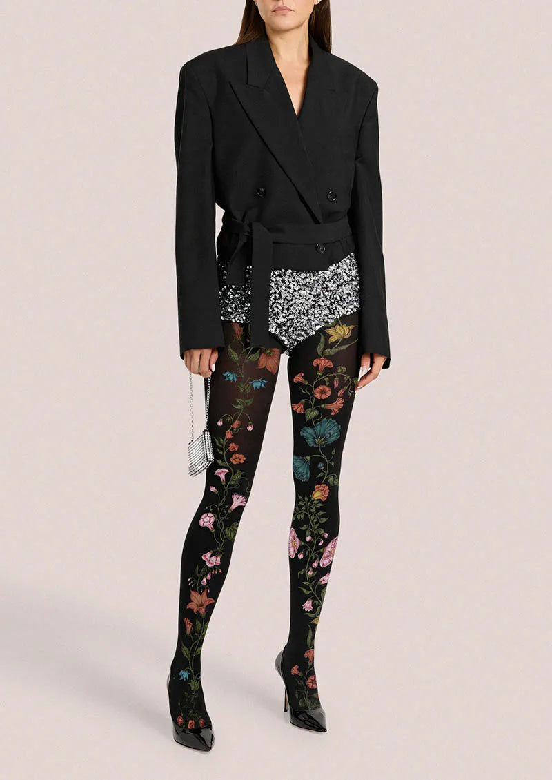Viken Plan Midnight Garden Floral Tights Hosiery Pantyhose