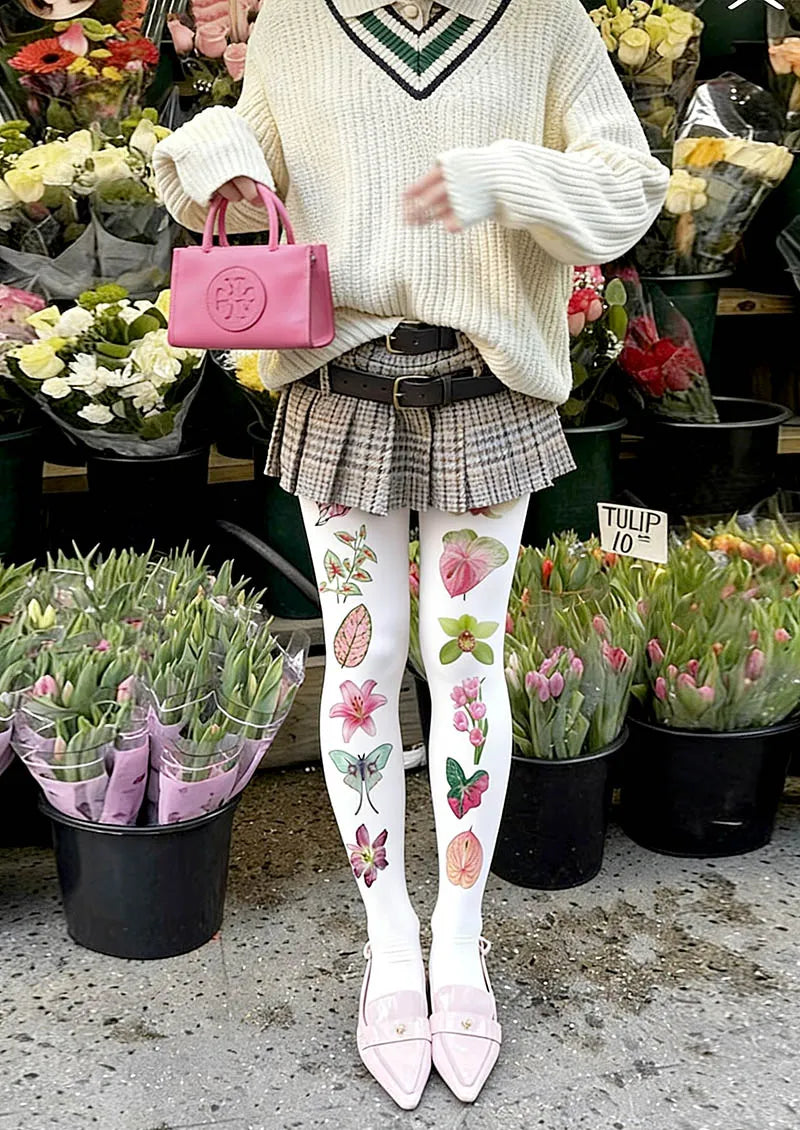 Viken Plan White Botanical Collage Y2K Style Tights Hosiery Pantyhose