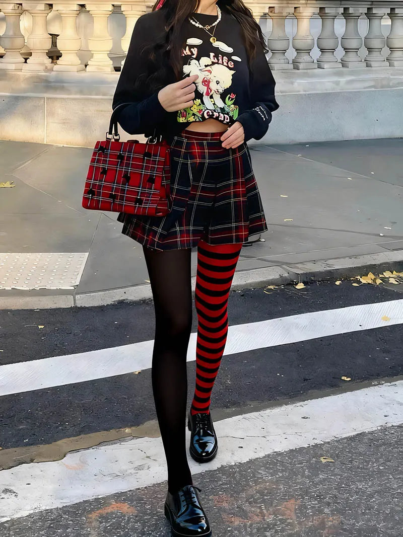 Viken Plan Black-Red Split Stripes Tights Hosiery Pantyhose