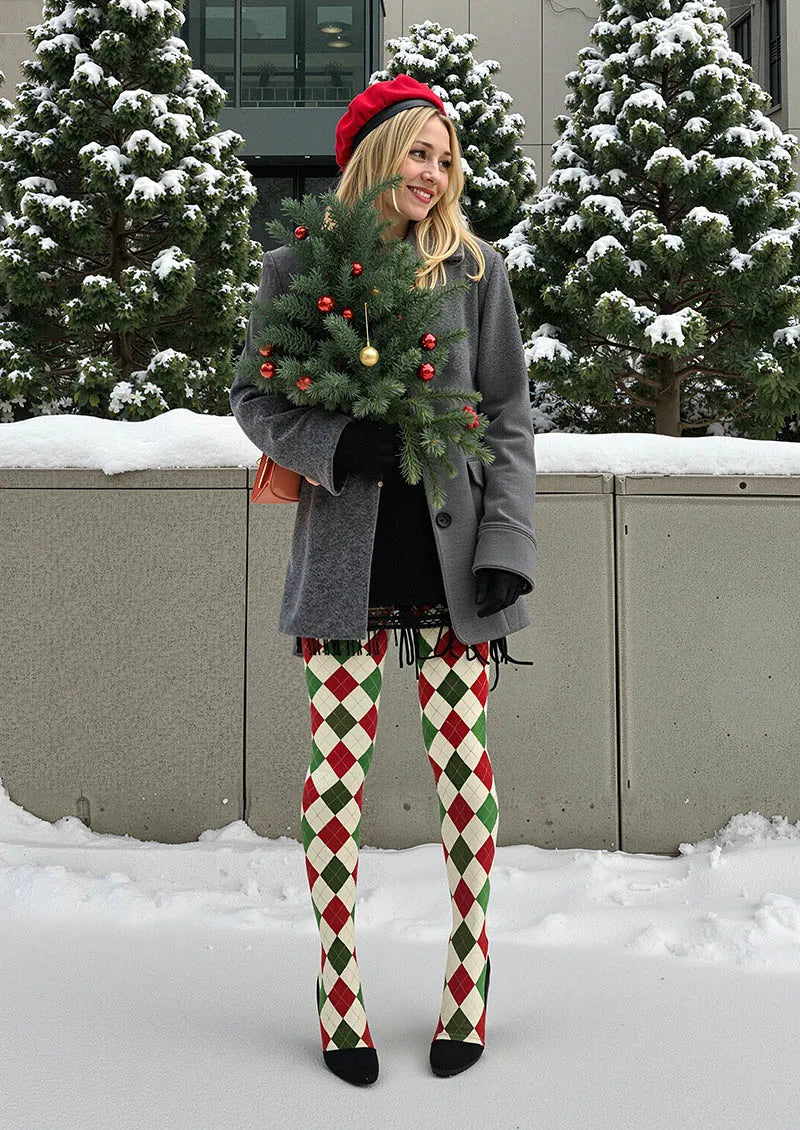 Viken Plan Christmas Holly Jolly Grid Patterned Tights Hosiery Pantyhose