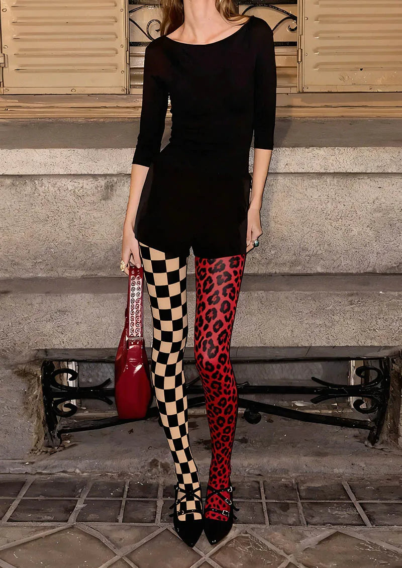 Viken Plan Geometric Art Split Checker Tights Hosiery Pantyhose