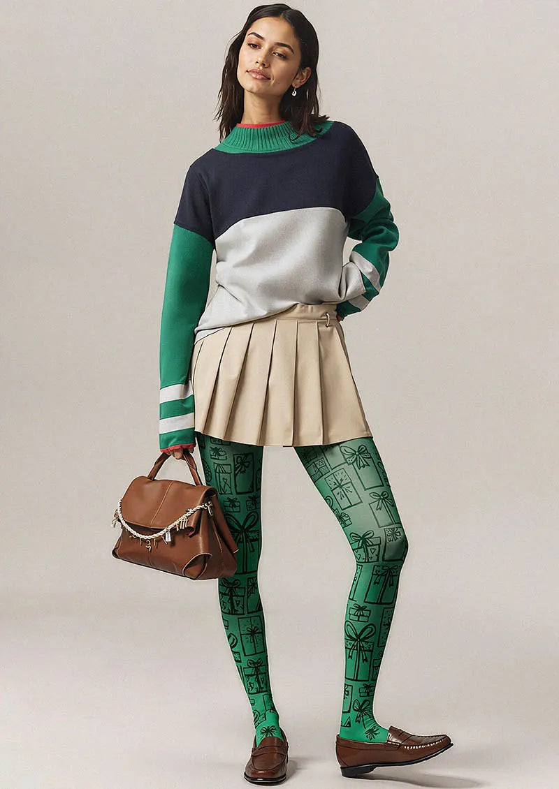 Viken Plan Christmas Fun Art Pine Carol Tights Hosiery Pantyhose