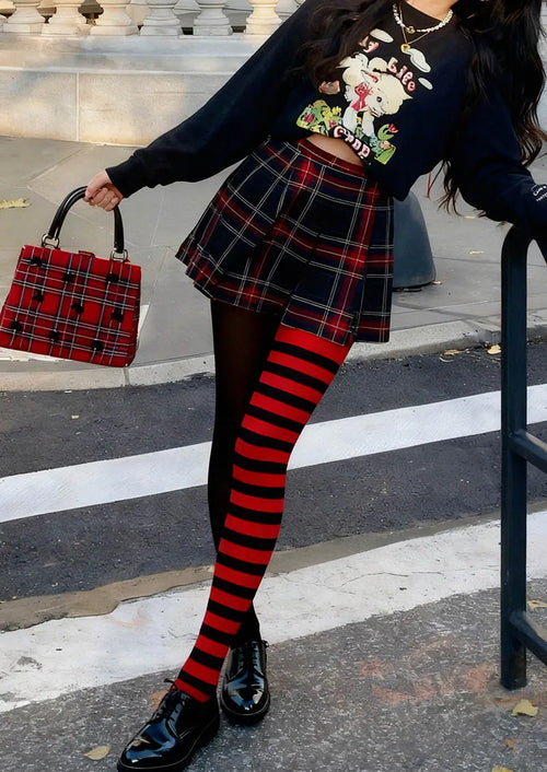 Viken Plan Black-Red Split Stripes Tights Hosiery Pantyhose