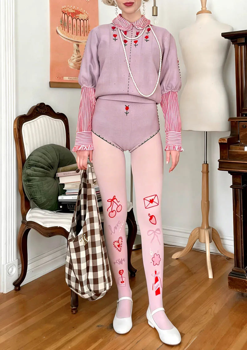 Viken Plan Valentine's Day Pink Letter Tights Hosiery Pantyhose