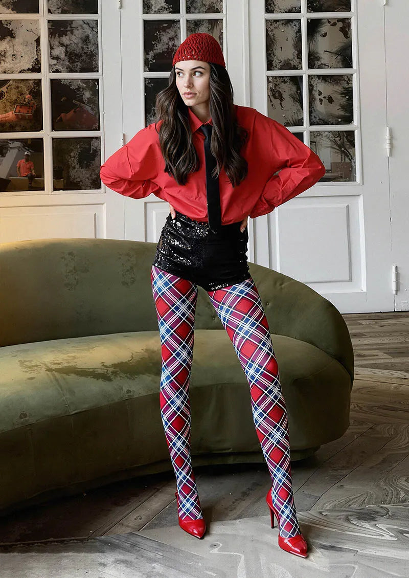 Viken Plan Christmas Classic Red Tartan Tights Hosiery Pantyhose