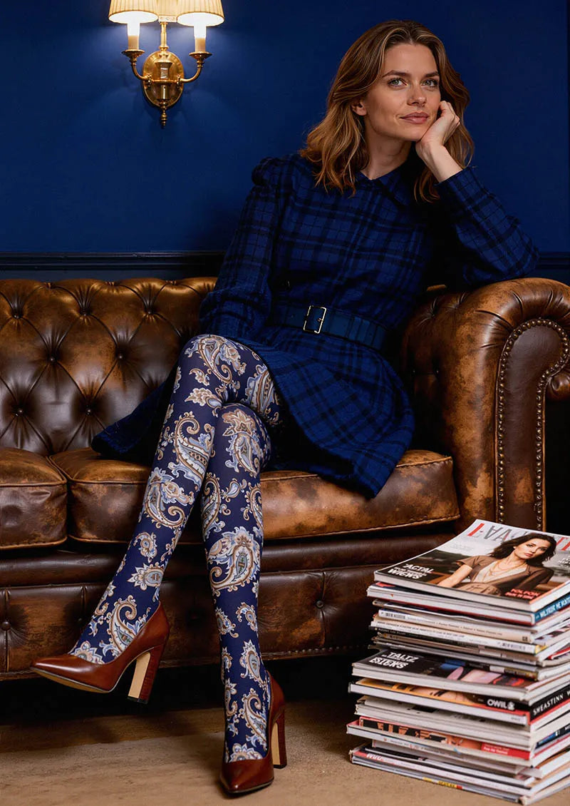 Viken Plan Navy Elegant Paisley Tights Hosiery Pantyhose