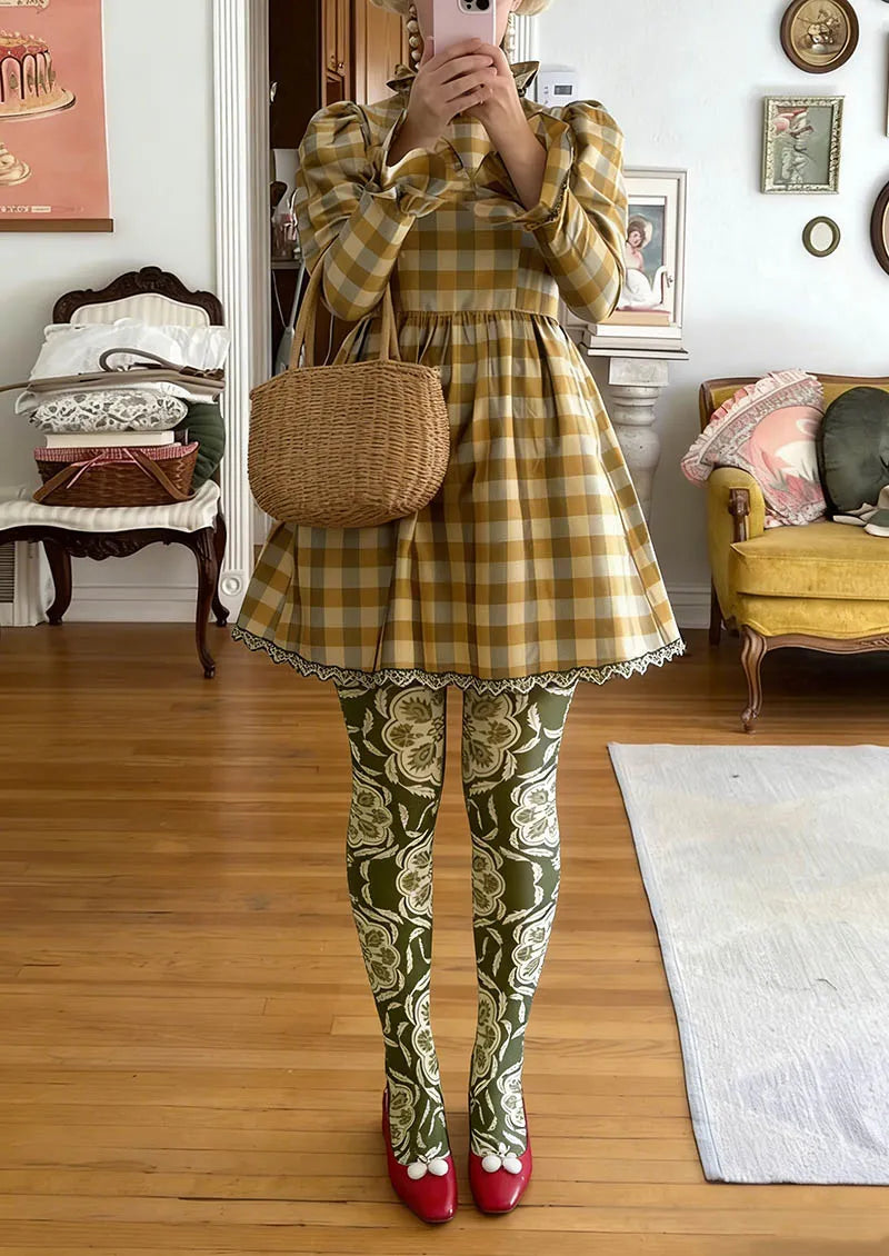 Viken Plan Floral pattern Olive Floral Tights Hosiery Pantyhose